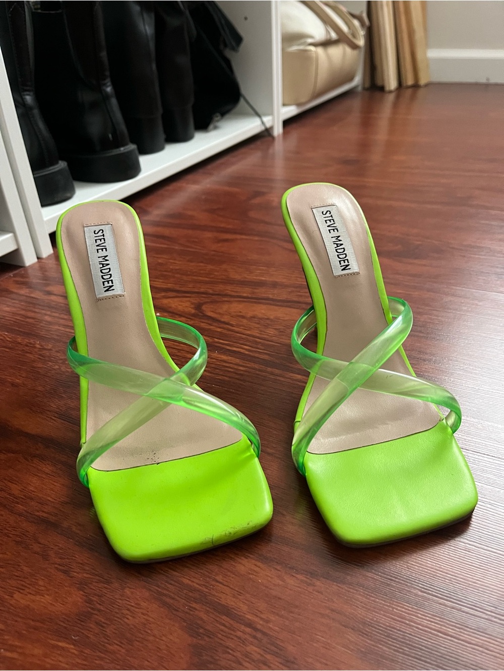 Steve Madden Neon Green Square-Toe Slide Heels with Clear Cross Straps